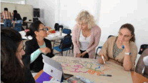 Women drawing learning-diagram together